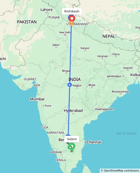 Route map showing distance and travel time from Salem, India to Rishikesh, India