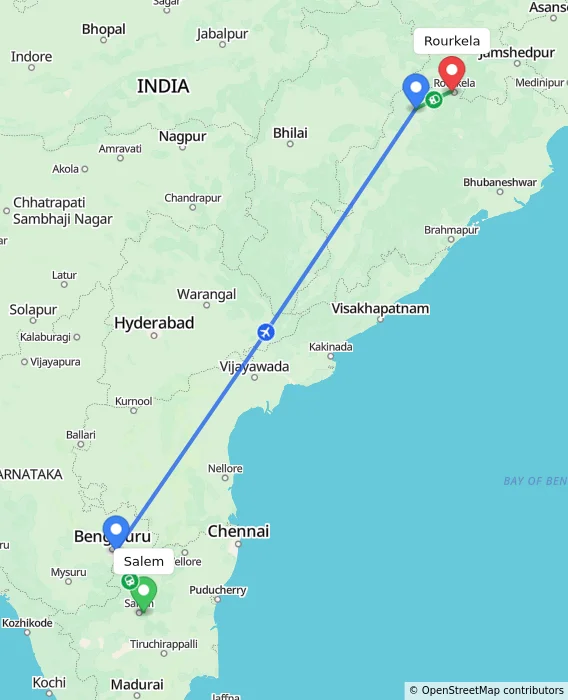 Route map showing distance and travel time from Salem, India to Rourkela, India