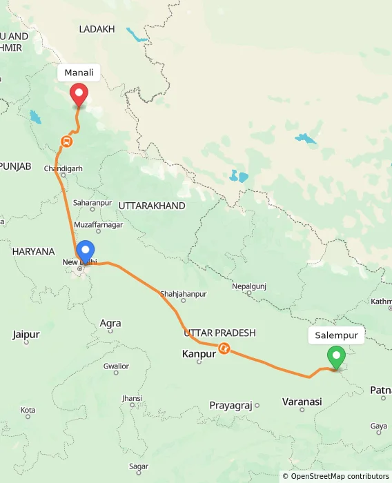 Route map showing distance and travel time from Salempur, India to Manali, India