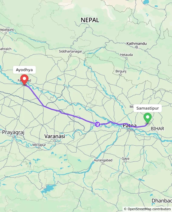 Route map showing distance and travel time from Samastipur, India to Ayodhya, India