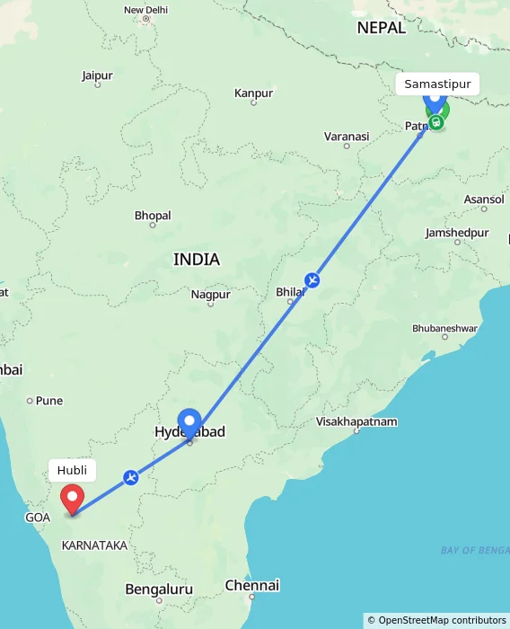 Route map showing distance and travel time from Samastipur, India to Hubli, India