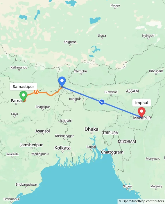 Route map showing distance and travel time from Samastipur, India to Imphal, India