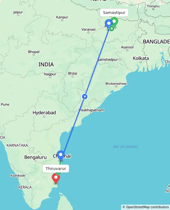 Route map showing distance and travel time from Samastipur, India to Thiruvarur, India
