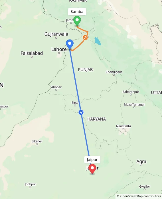 Route map showing distance and travel time from Samba, India to Jaipur, India