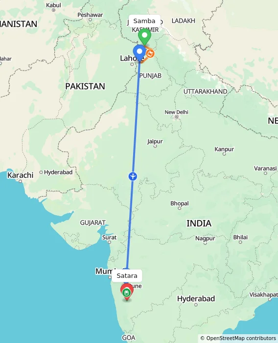Route map showing distance and travel time from Samba, India to Satara, India