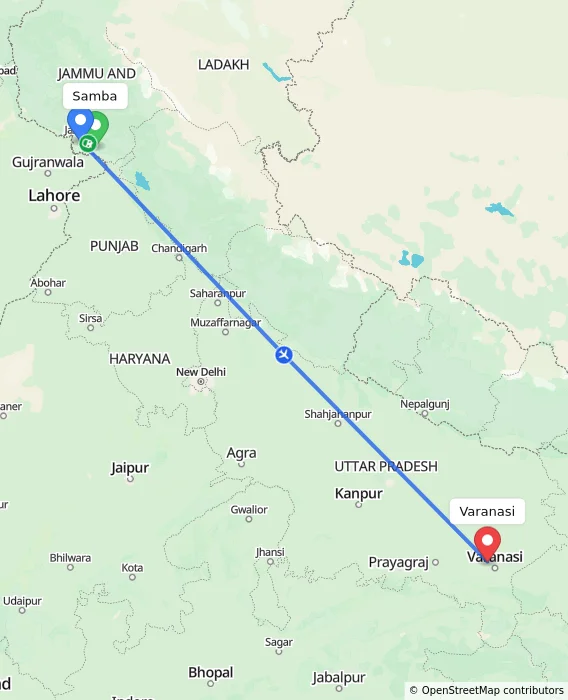Route map showing distance and travel time from Samba, India to Varanasi, India