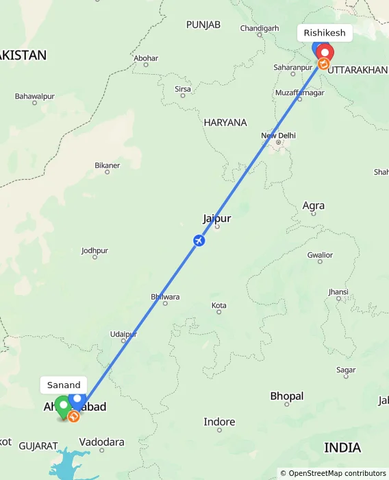 Route map showing distance and travel time from Sanand, India to Rishikesh, India