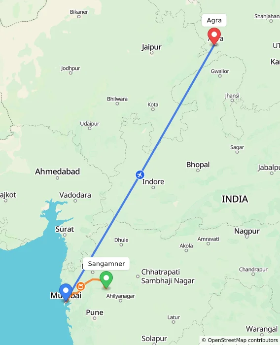 Route map showing distance and travel time from Sangamner, India to Agra, India