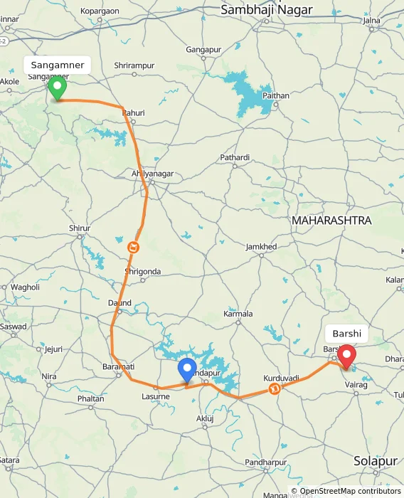 Route map showing distance and travel time from Sangamner, India to Barshi, India