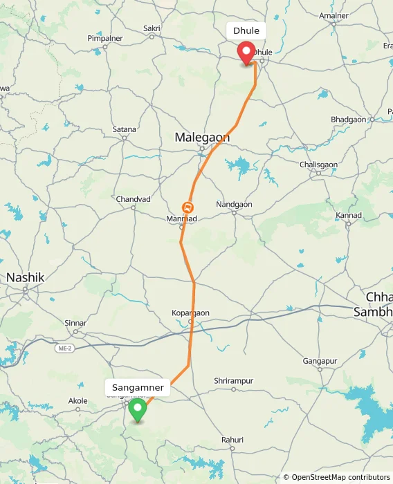 Route map showing distance and travel time from Sangamner, India to Dhule, India