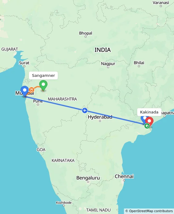 Route map showing distance and travel time from Sangamner, India to Kakinada, India