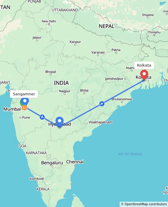 Route map showing distance and travel time from Sangamner, India to Kolkata, India