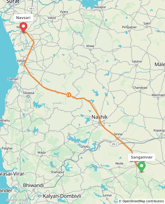 Route map showing distance and travel time from Sangamner, India to Navsari, India