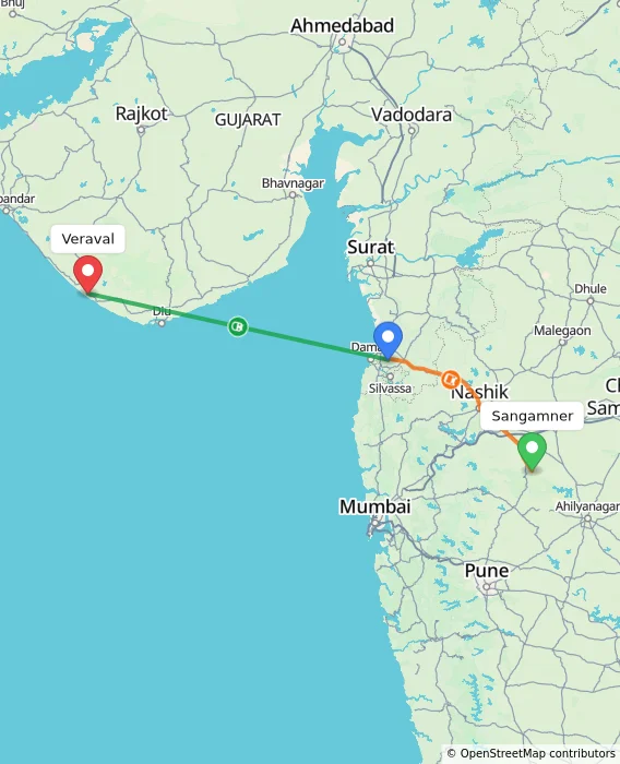 Route map showing distance and travel time from Sangamner, India to Veraval, India