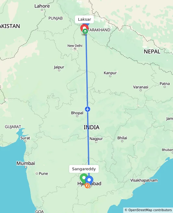 Route map showing distance and travel time from Sangareddy, India to Laksar, India