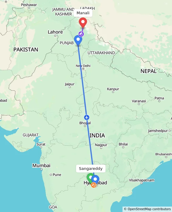 Route map showing distance and travel time from Sangareddy, India to Manali, India
