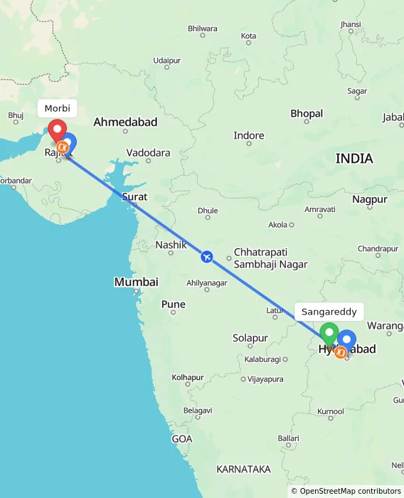 Route map showing distance and travel time from Sangareddy, India to Morbi, India