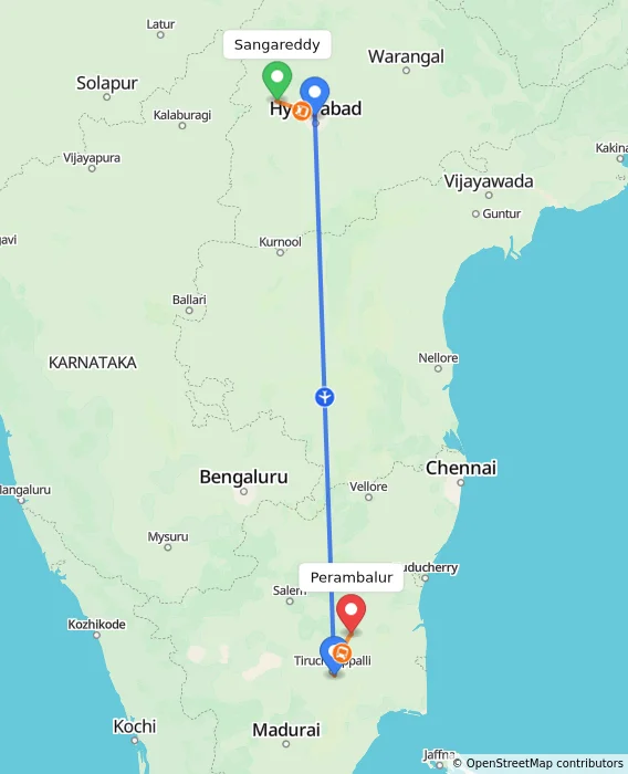 Route map showing distance and travel time from Sangareddy, India to Perambalur, India
