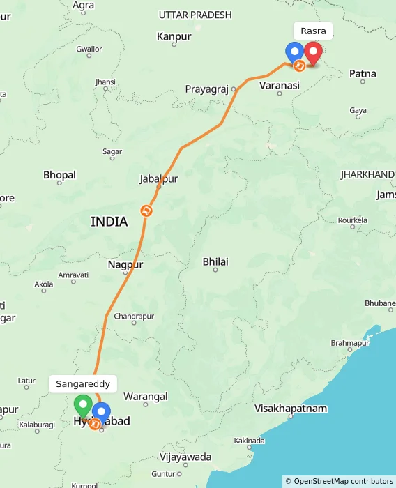Route map showing distance and travel time from Sangareddy, India to Rasra, India