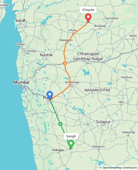Route map showing distance and travel time from Sangli, India to Chopda, India