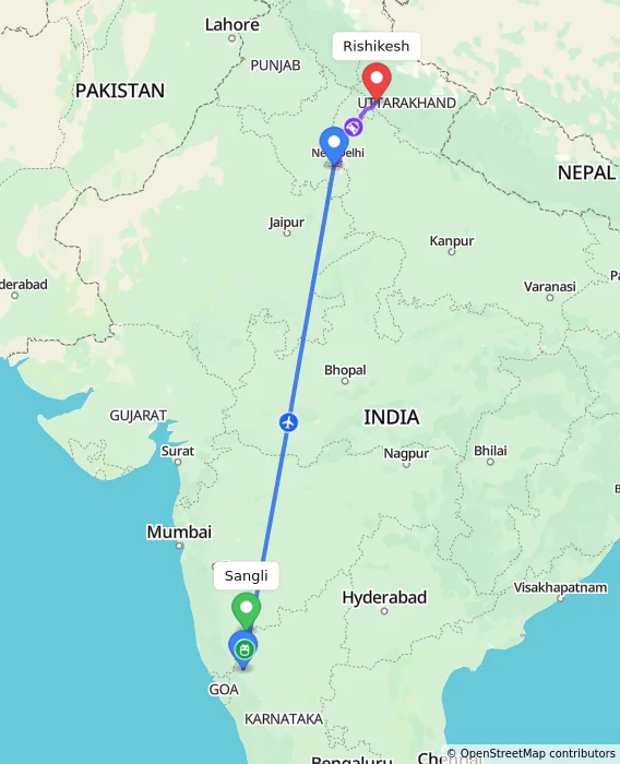 Route map showing distance and travel time from Sangli, India to Rishikesh, India