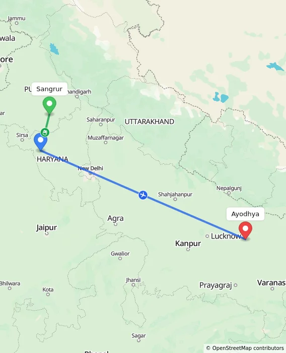 Route map showing distance and travel time from Sangrur, India to Ayodhya, India