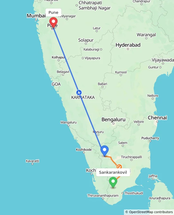 Route map showing distance and travel time from Sankarankovil, India to Pune, India