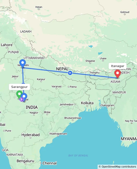 Route map showing distance and travel time from Sarangpur, India to Itanagar, India