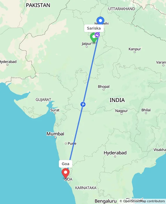 Route map showing distance and travel time from Sariska, India to Goa, India
