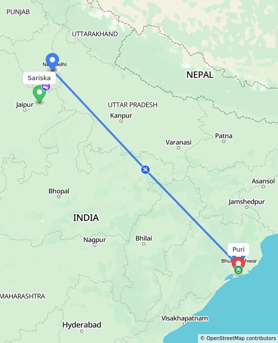 Route map showing distance and travel time from Sariska, India to Puri, India