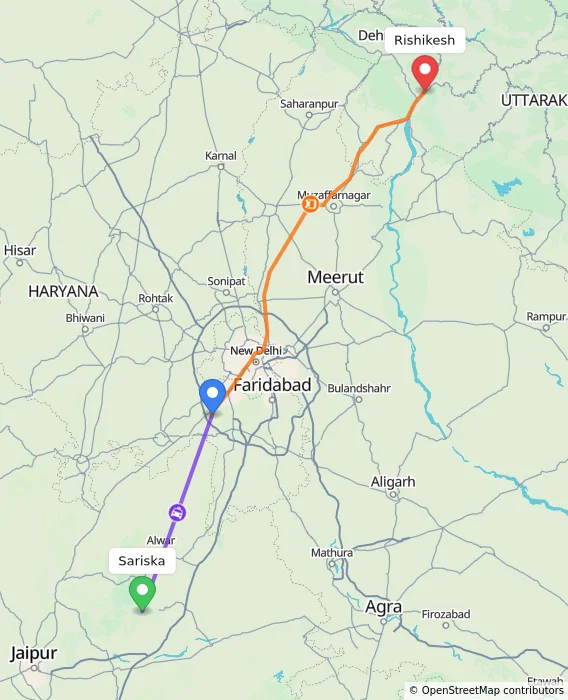 Route map showing distance and travel time from Sariska, India to Rishikesh, India