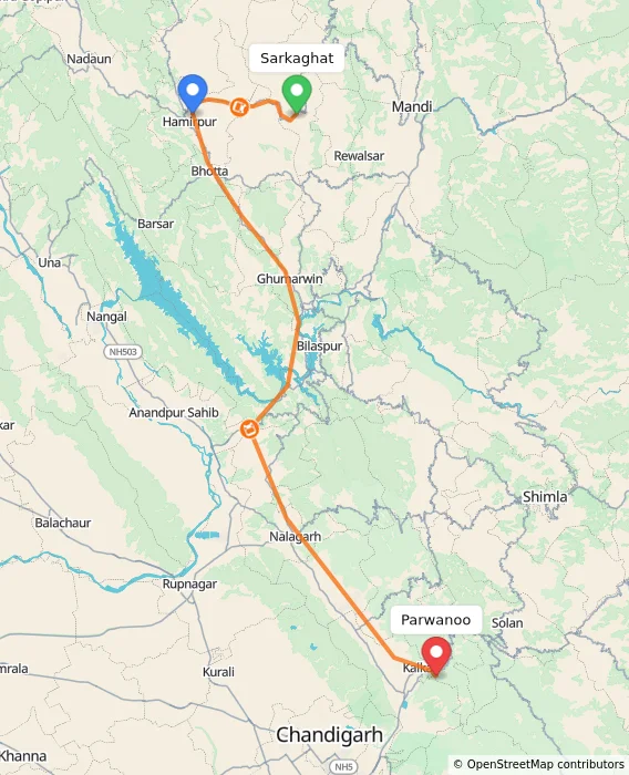 Route map showing distance and travel time from Sarkaghat, India to Parwanoo, India