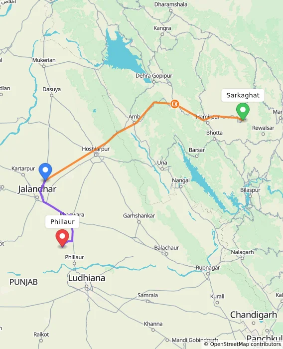 Route map showing distance and travel time from Sarkaghat, India to Phillaur, India