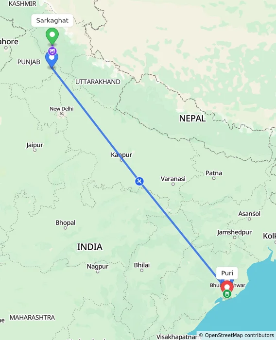 Route map showing distance and travel time from Sarkaghat, India to Puri, India