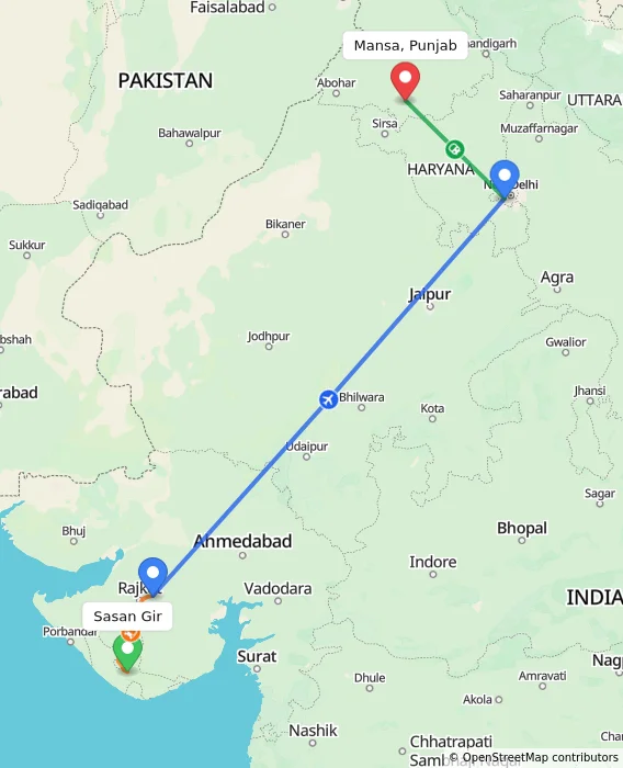 Route map showing distance and travel time from Sasan Gir, India to Mansa, Punjab, India