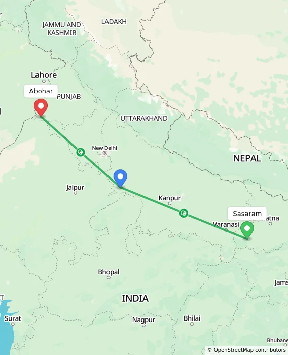 Route map showing distance and travel time from Sasaram, India to Abohar, India