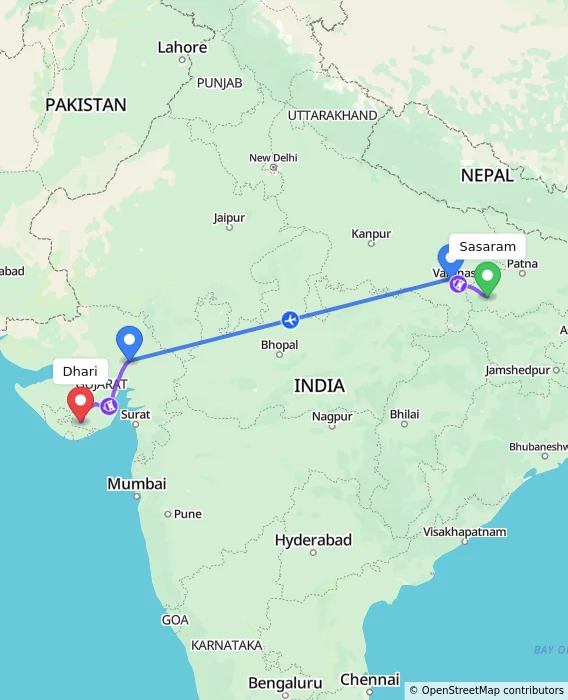 Route map showing distance and travel time from Sasaram, India to Dhari, India