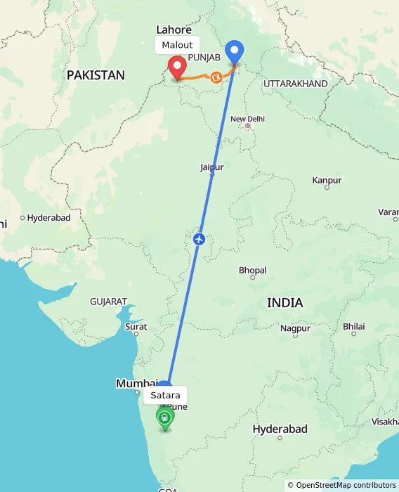 Route map showing distance and travel time from Satara, India to Malout, India