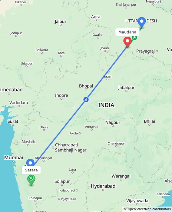 Route map showing distance and travel time from Satara, India to Maudaha, India