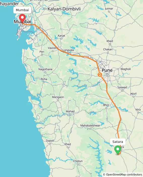 Route map showing distance and travel time from Satara, India to Mumbai, India