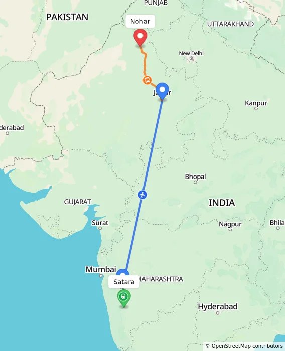 Route map showing distance and travel time from Satara, India to Nohar, India