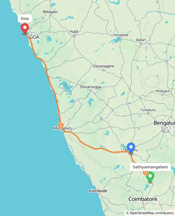 Route map showing distance and travel time from Sathyamangalam, India to Goa, India