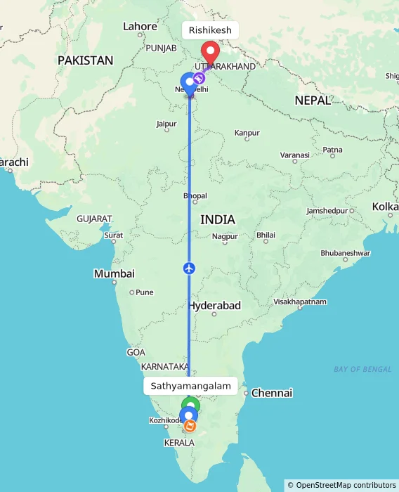 Route map showing distance and travel time from Sathyamangalam, India to Rishikesh, India