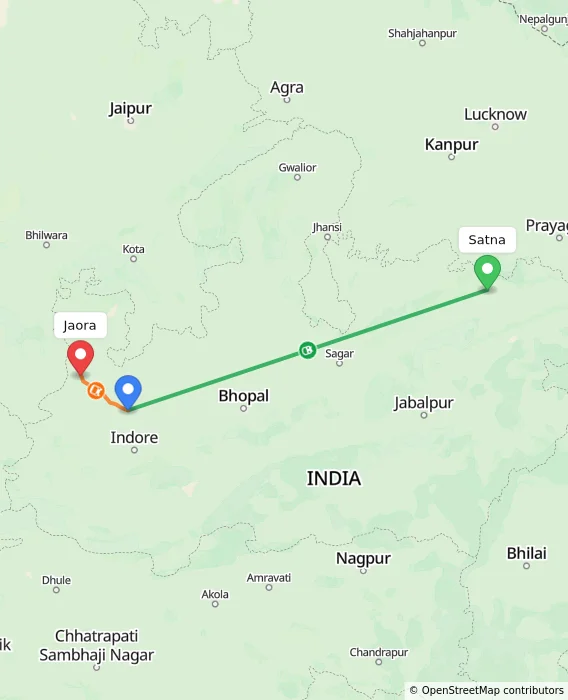 Route map showing distance and travel time from Satna, India to Jaora, India