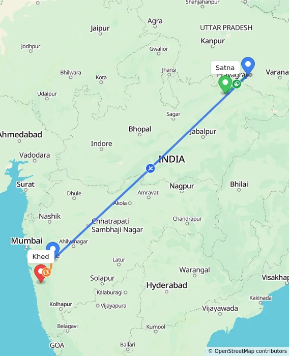 Route map showing distance and travel time from Satna, India to Khed, India