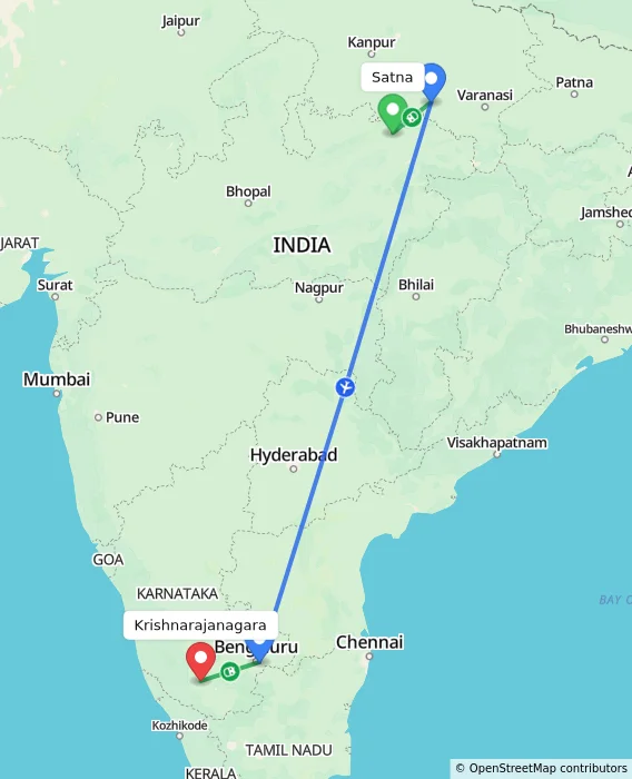 Route map showing distance and travel time from Satna, India to Krishnarajanagara, India