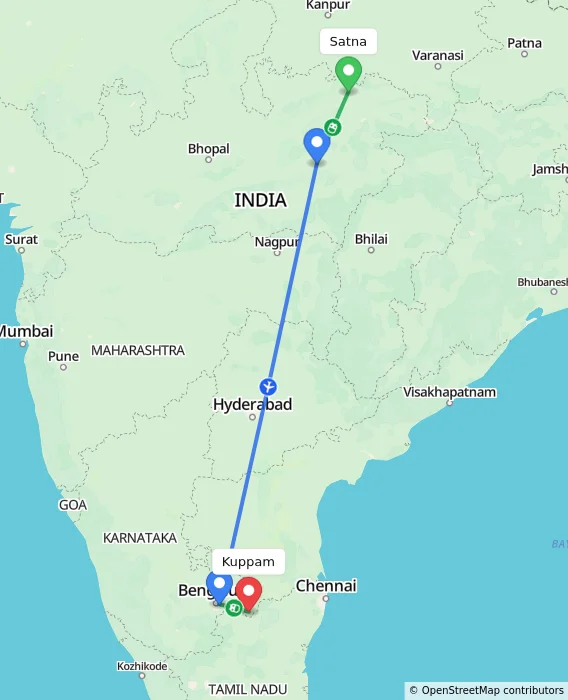 Route map showing distance and travel time from Satna, India to Kuppam, India