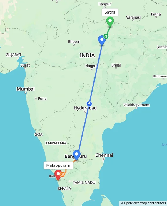 Route map showing distance and travel time from Satna, India to Malappuram, India