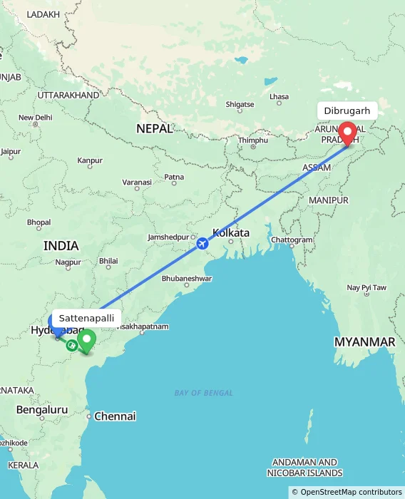 Route map showing distance and travel time from Sattenapalli, India to Dibrugarh, India