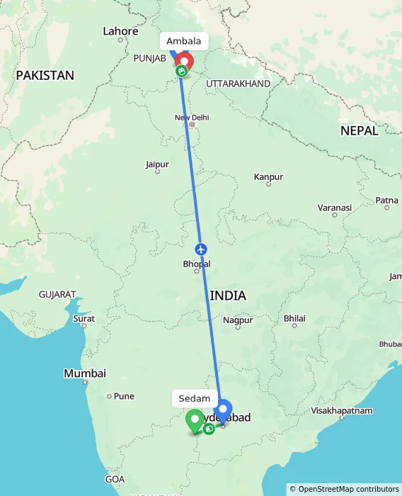 Route map showing distance and travel time from Sedam, India to Ambala, India
